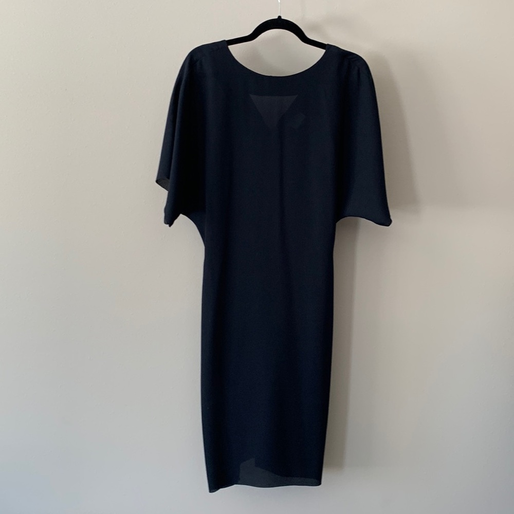 Reid navy blue drop sleeve crepe dress with v back and zipper